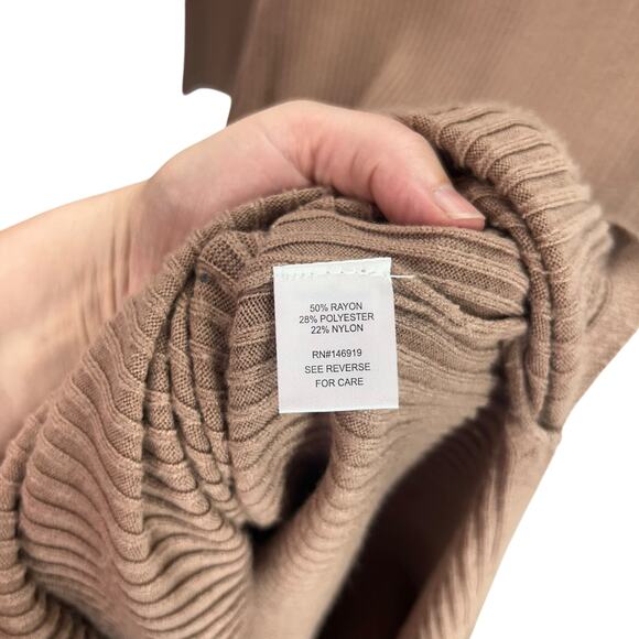 Off Shoulder Camel Sweater Dress M Ribbed Knit Long Sleeve Fall Midi - Picture 6 of 7